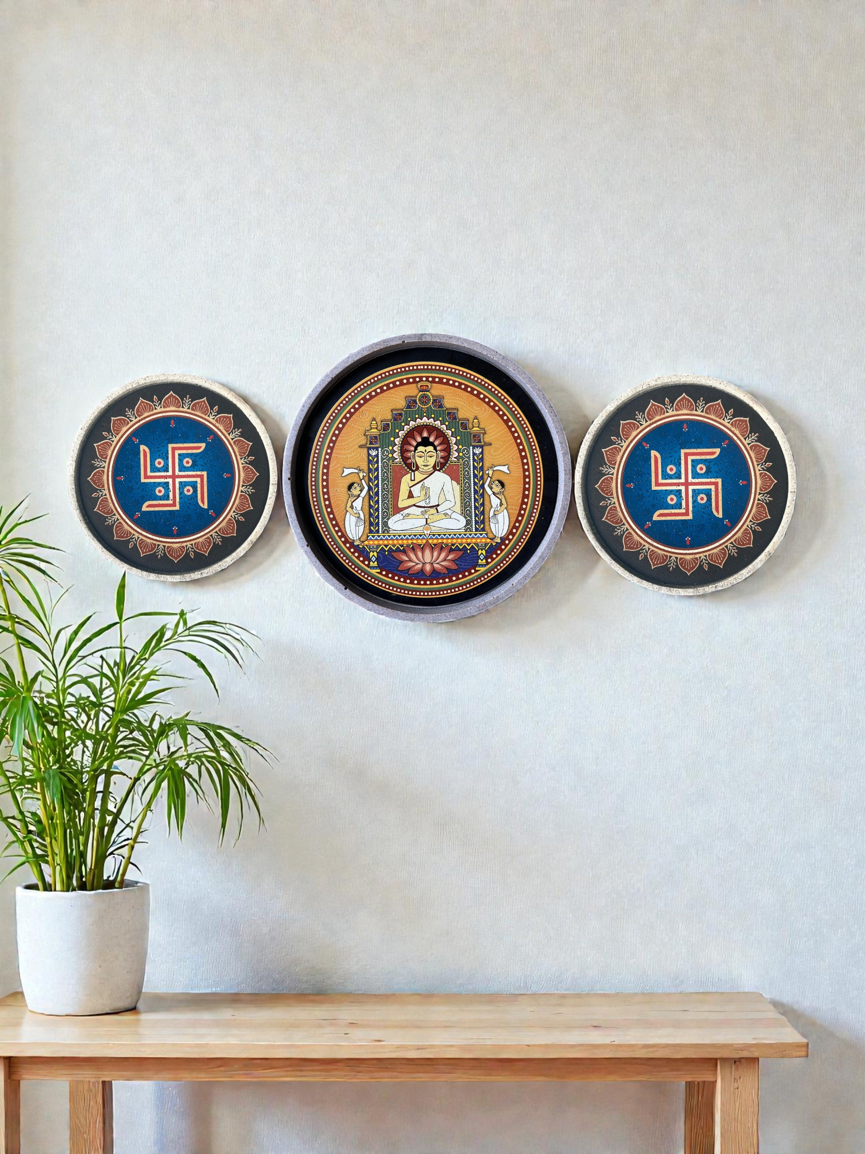 Handcrafted sustainable Mahavir Swami and Swastik Jain decor set