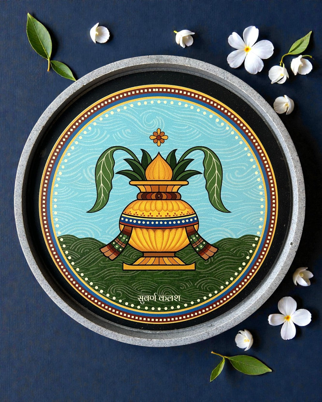 Eco-friendly Jain decor plate Kalasha Swapna symbolizing abundance and auspiciousness