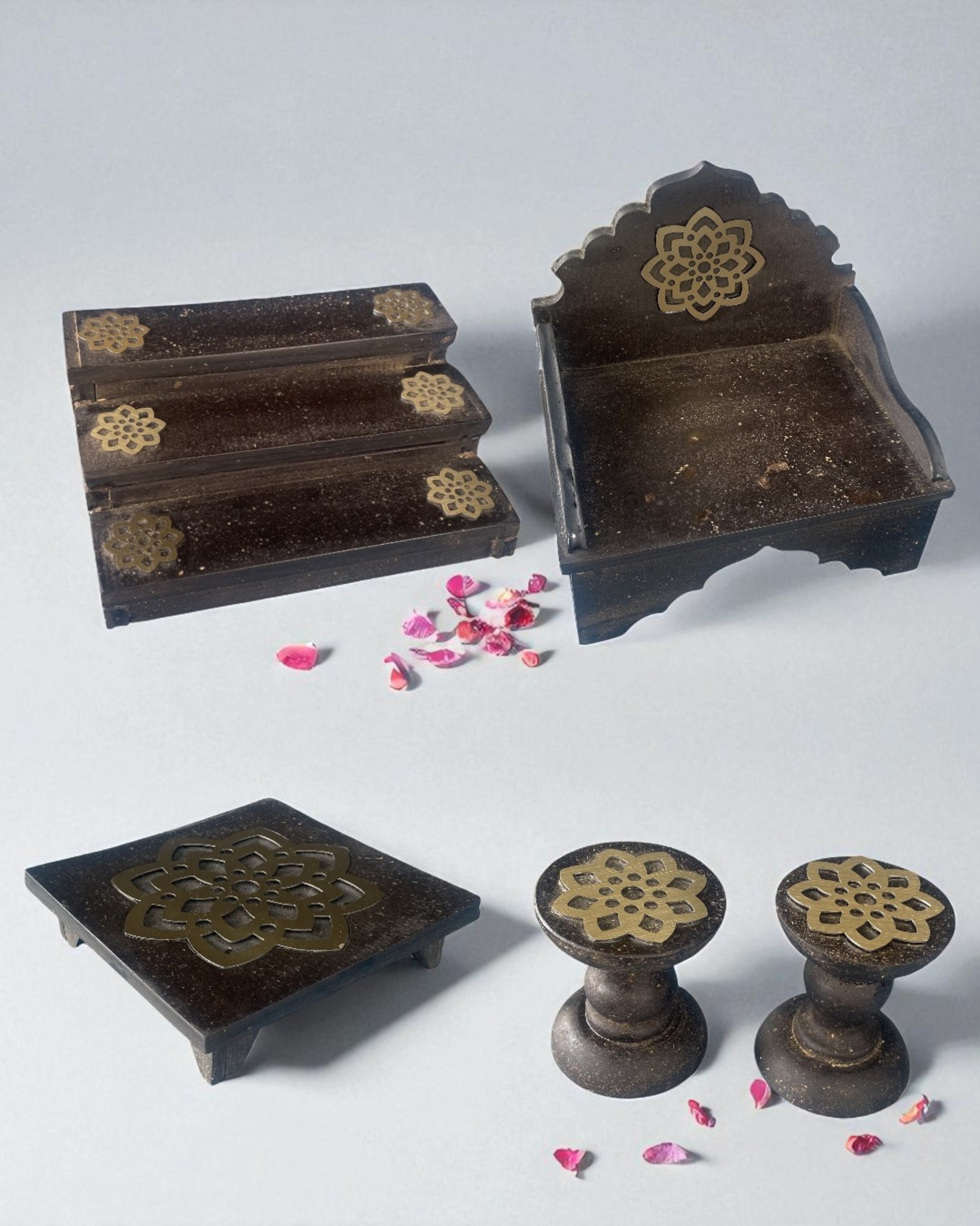 AARADHANA SET - Sinhasan, Padgha (stand) for Jhari ji & Banta ji, Khand pat (steps) and Bajot