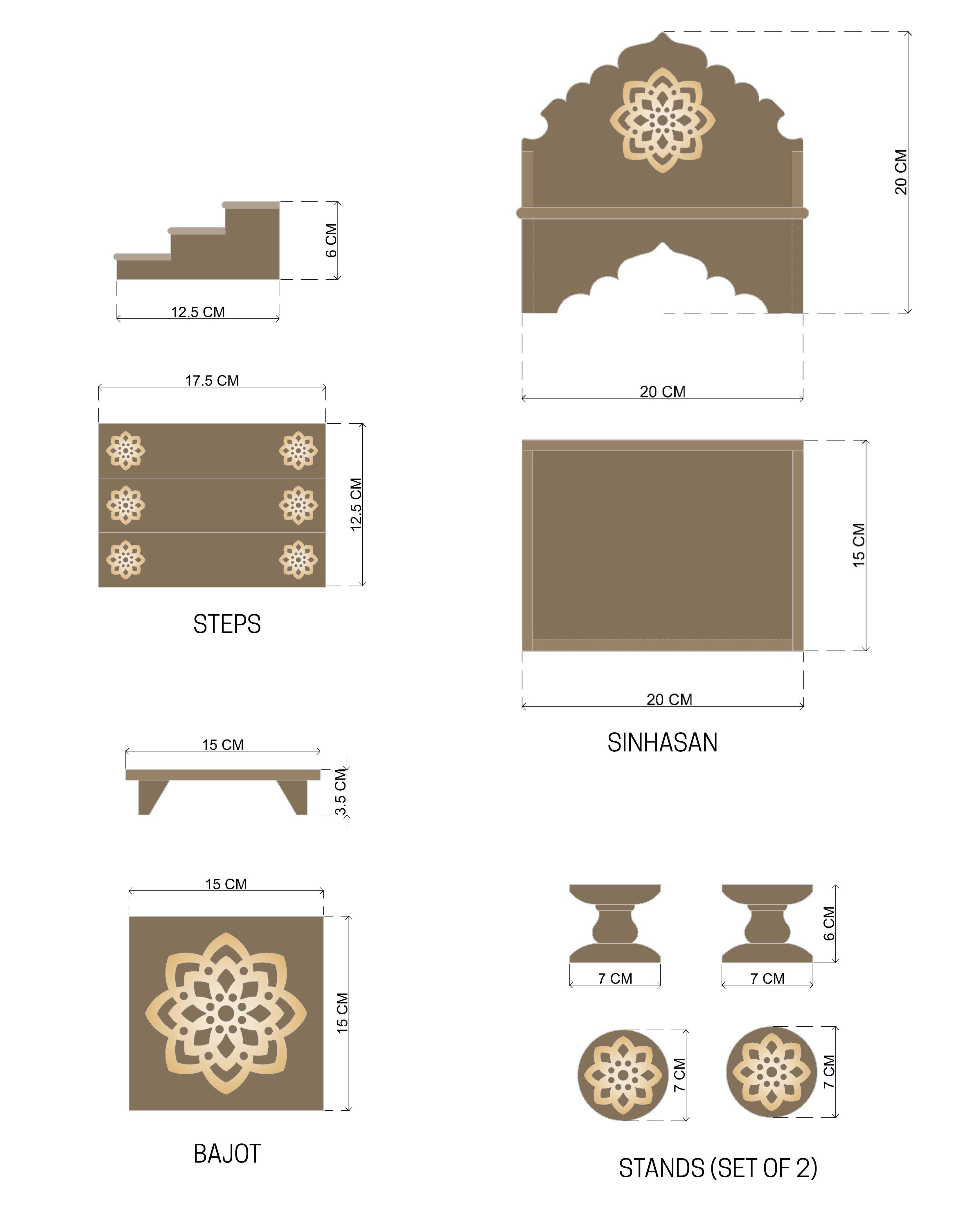 AARADHANA SET - Sinhasan, Padgha (stand) for Jhari ji & Banta ji, Khand pat (steps) and Bajot