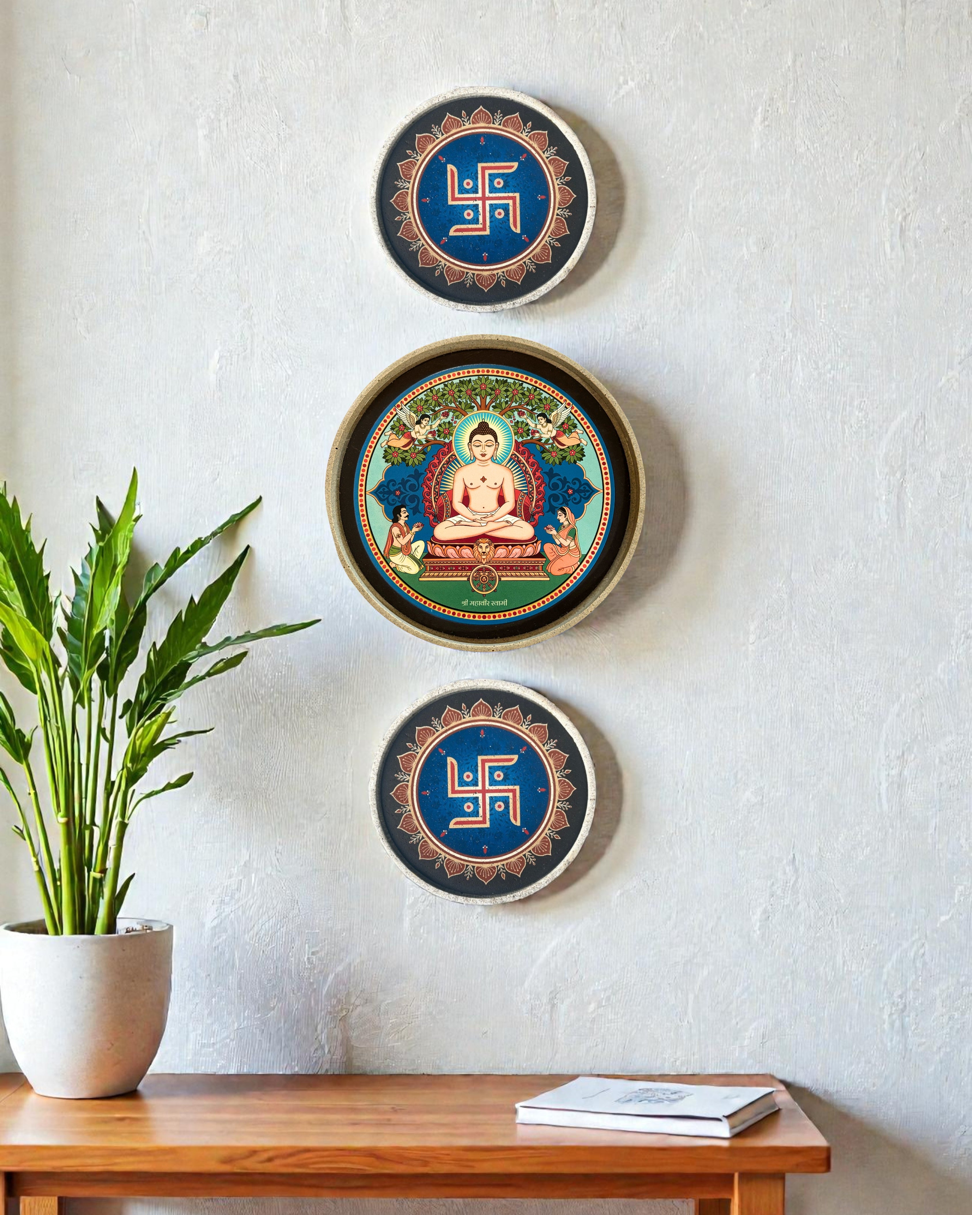 HANDMADE MAHAVIR SWAMI DECOR PLATE SET WITH SWASTIKA