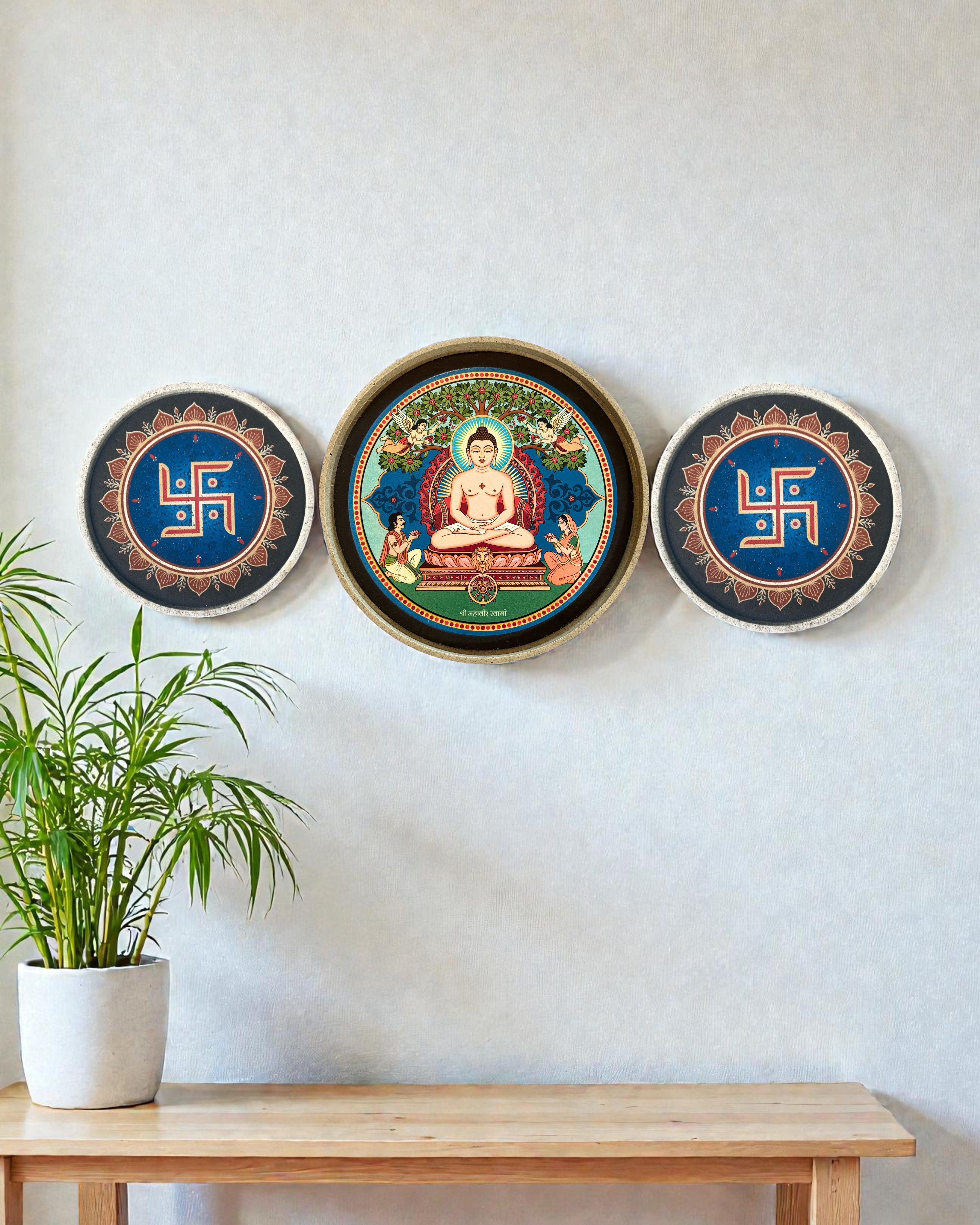 SUSTAINABLE HANDMADE MAHAVIR SWAMI DECOR PLATE SET WITH SWASTIKA