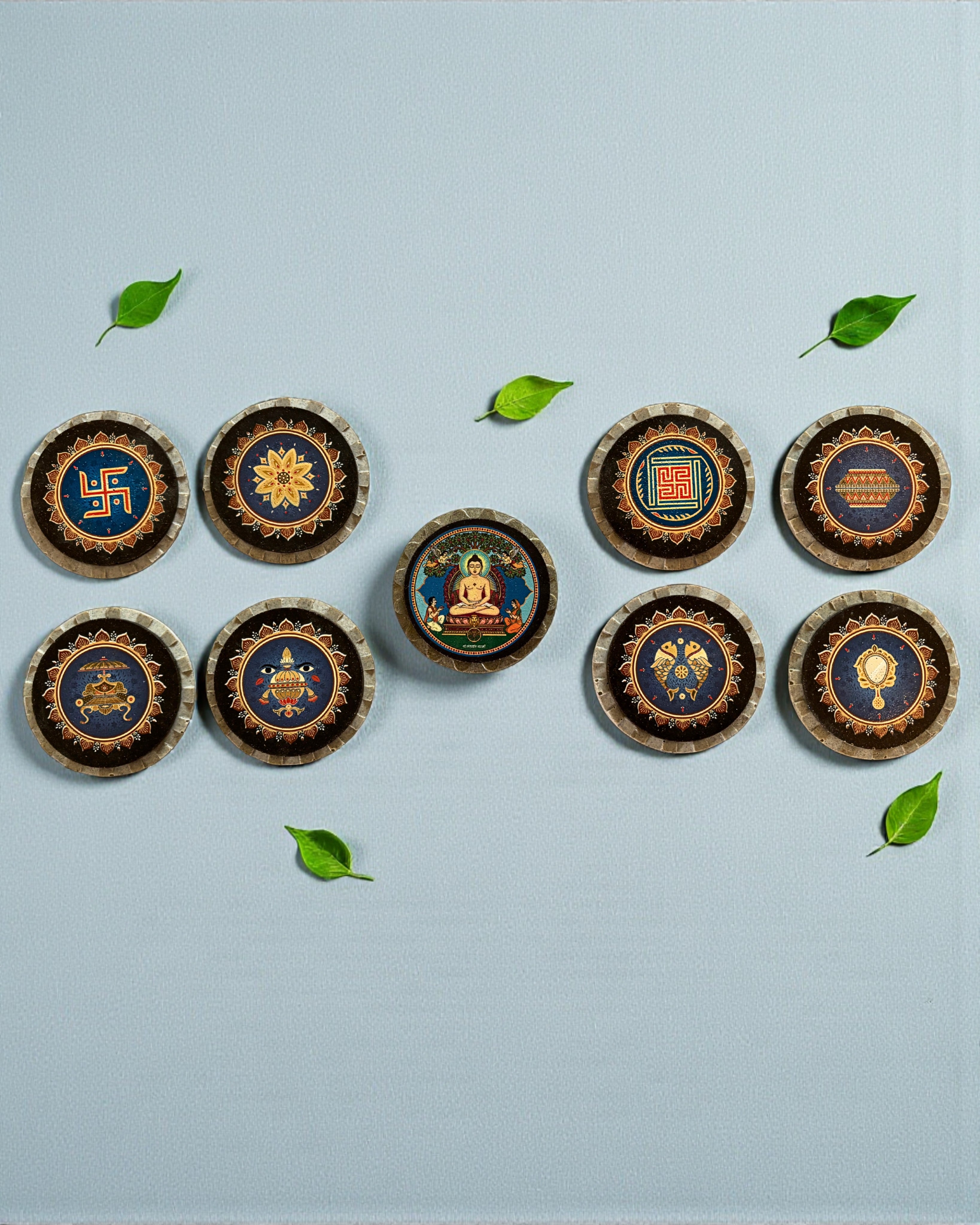 Jain Ashtamangala magnet set with Mahavir Swami circular design in decorative box
