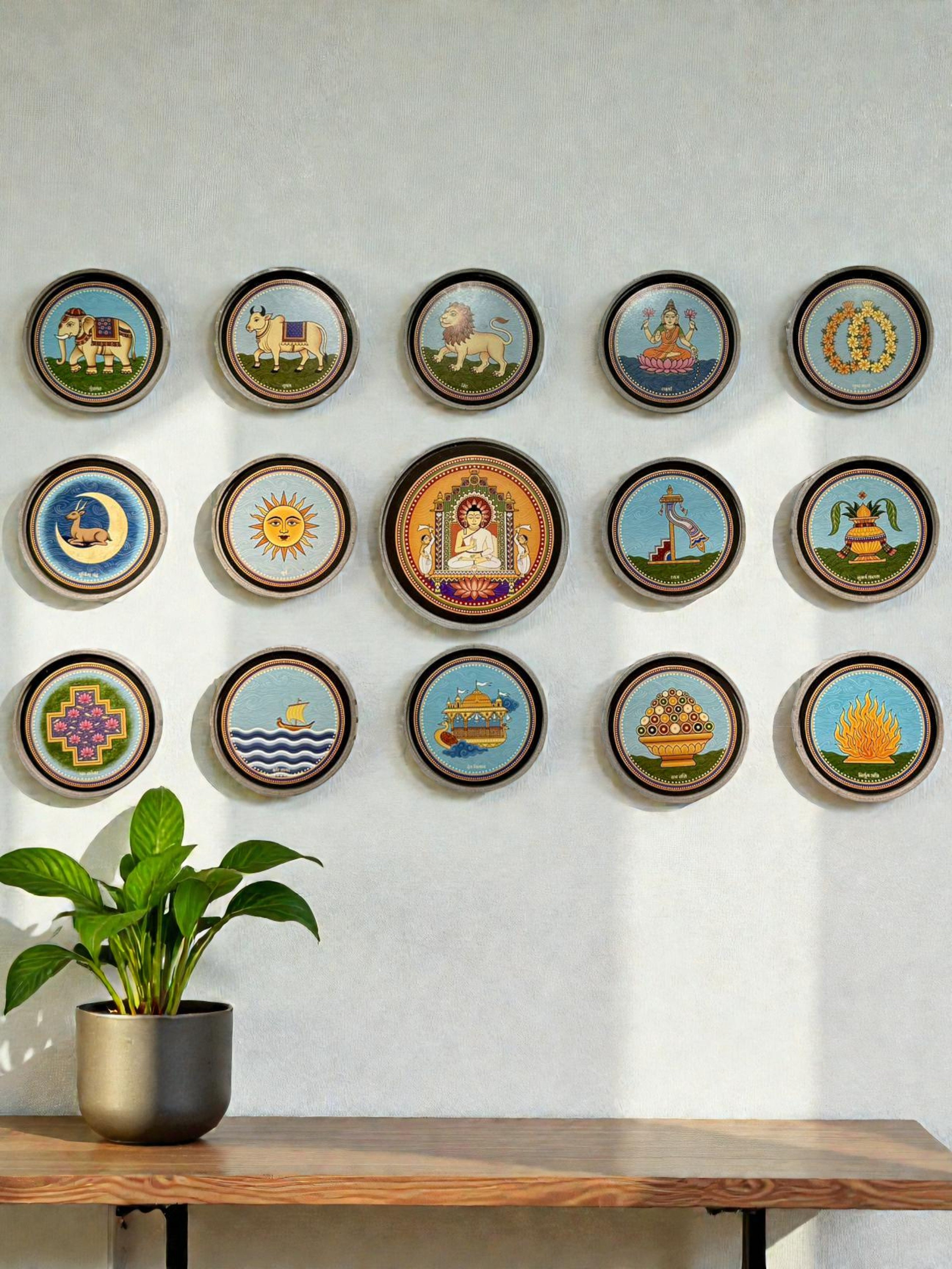 Sustainable Jain decor plates depicting 14 Swapna of Bhagwan Mahavir